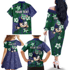 Personalised New Zealand Warriors Family Matching Off The Shoulder Long Sleeve Dress and Hawaiian Shirt Polynesian Tribal Pattern With Rugby Warrior Mascot Art