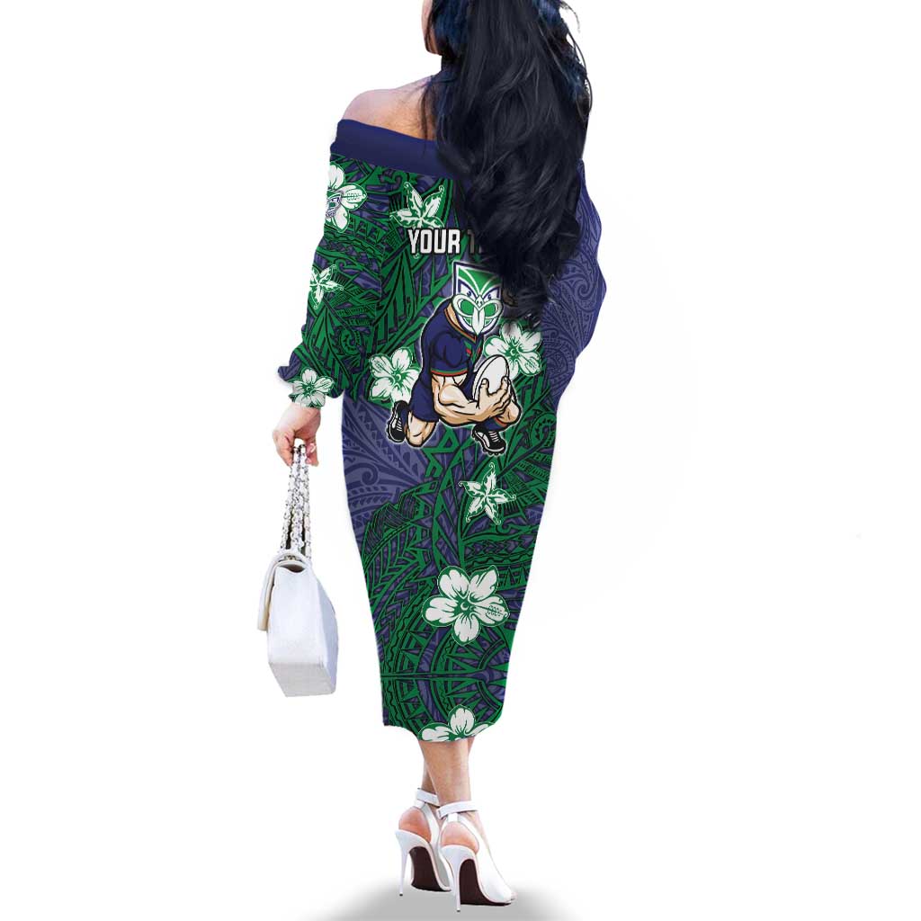 Personalised New Zealand Warriors Family Matching Off The Shoulder Long Sleeve Dress and Hawaiian Shirt Polynesian Tribal Pattern With Rugby Warrior Mascot Art