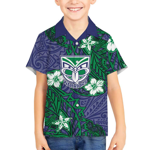 Personalised New Zealand Warriors Family Matching Off The Shoulder Long Sleeve Dress and Hawaiian Shirt Polynesian Tribal Pattern With Rugby Warrior Mascot Art