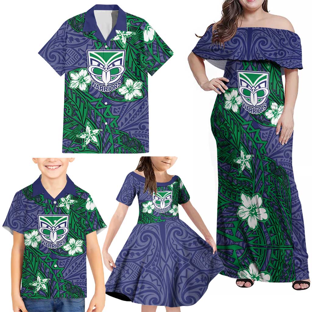 Personalised New Zealand Warriors Family Matching Off Shoulder Maxi Dress and Hawaiian Shirt Polynesian Tribal Pattern With Rugby Warrior Mascot Art