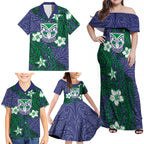Personalised New Zealand Warriors Family Matching Off Shoulder Maxi Dress and Hawaiian Shirt Polynesian Tribal Pattern With Rugby Warrior Mascot Art