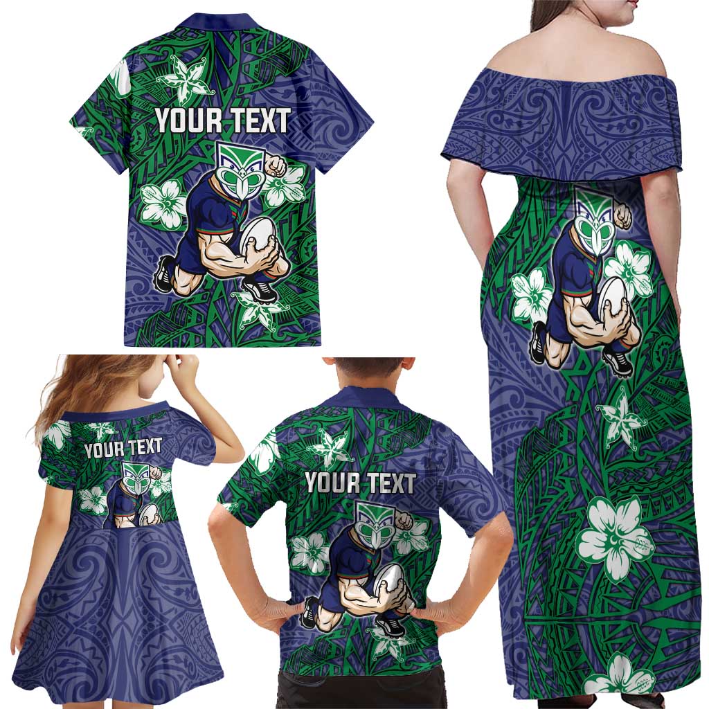 Personalised New Zealand Warriors Family Matching Off Shoulder Maxi Dress and Hawaiian Shirt Polynesian Tribal Pattern With Rugby Warrior Mascot Art