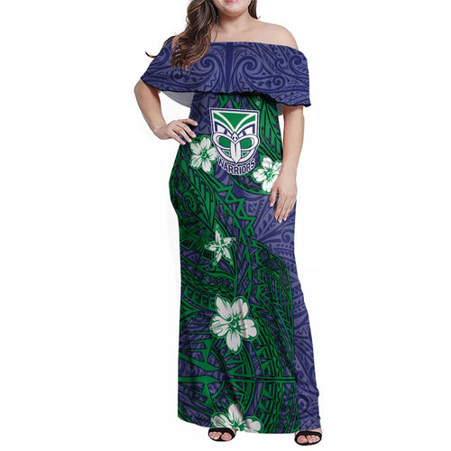 Personalised New Zealand Warriors Family Matching Off Shoulder Maxi Dress and Hawaiian Shirt Polynesian Tribal Pattern With Rugby Warrior Mascot Art