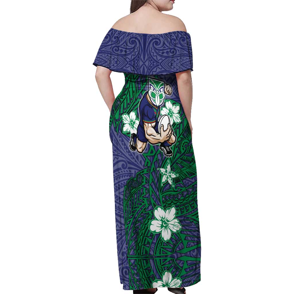 Personalised New Zealand Warriors Family Matching Off Shoulder Maxi Dress and Hawaiian Shirt Polynesian Tribal Pattern With Rugby Warrior Mascot Art