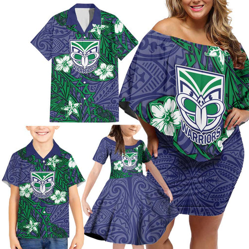 Personalised New Zealand Warriors Family Matching Off Shoulder Short Dress and Hawaiian Shirt Polynesian Tribal Pattern With Rugby Warrior Mascot Art