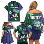 Personalised New Zealand Warriors Family Matching Off Shoulder Short Dress and Hawaiian Shirt Polynesian Tribal Pattern With Rugby Warrior Mascot Art