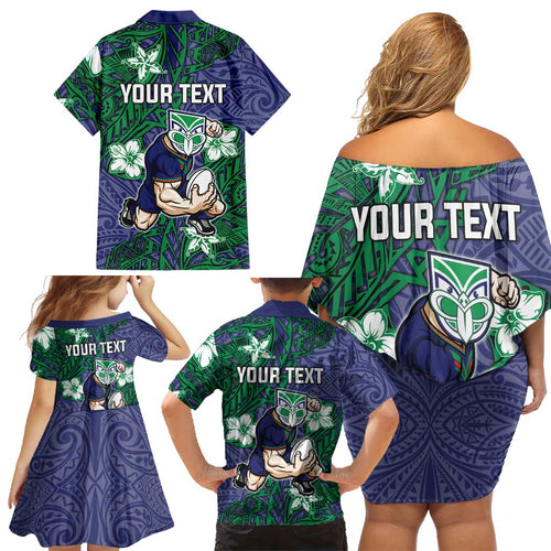 Personalised New Zealand Warriors Family Matching Off Shoulder Short Dress and Hawaiian Shirt Polynesian Tribal Pattern With Rugby Warrior Mascot Art