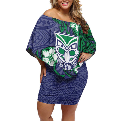 Personalised New Zealand Warriors Family Matching Off Shoulder Short Dress and Hawaiian Shirt Polynesian Tribal Pattern With Rugby Warrior Mascot Art