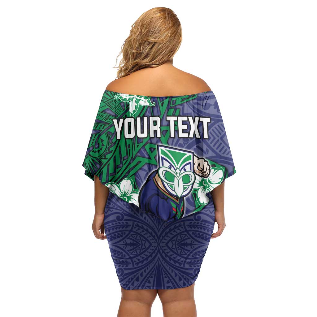 Personalised New Zealand Warriors Family Matching Off Shoulder Short Dress and Hawaiian Shirt Polynesian Tribal Pattern With Rugby Warrior Mascot Art