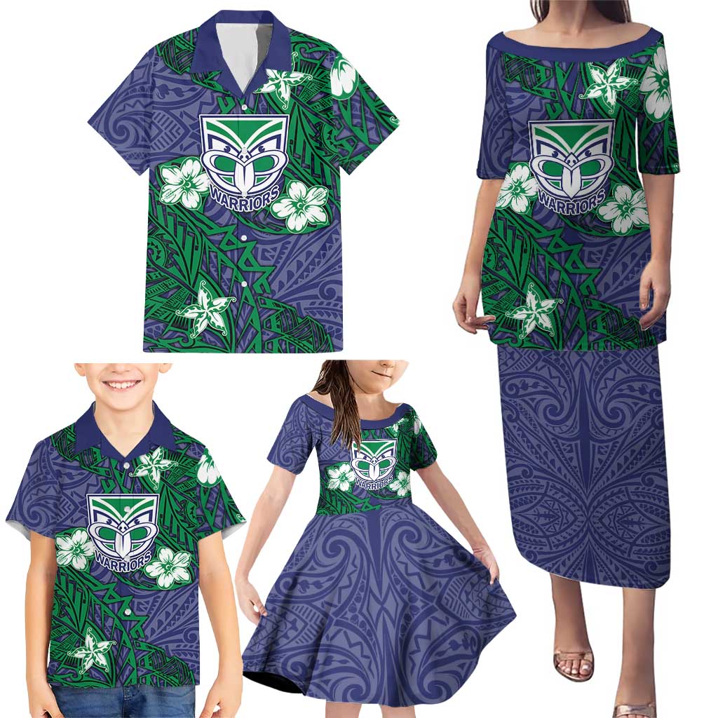 Personalised New Zealand Warriors Family Matching Puletasi and Hawaiian Shirt Polynesian Tribal Pattern With Rugby Warrior Mascot Art