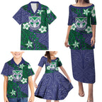 Personalised New Zealand Warriors Family Matching Puletasi and Hawaiian Shirt Polynesian Tribal Pattern With Rugby Warrior Mascot Art
