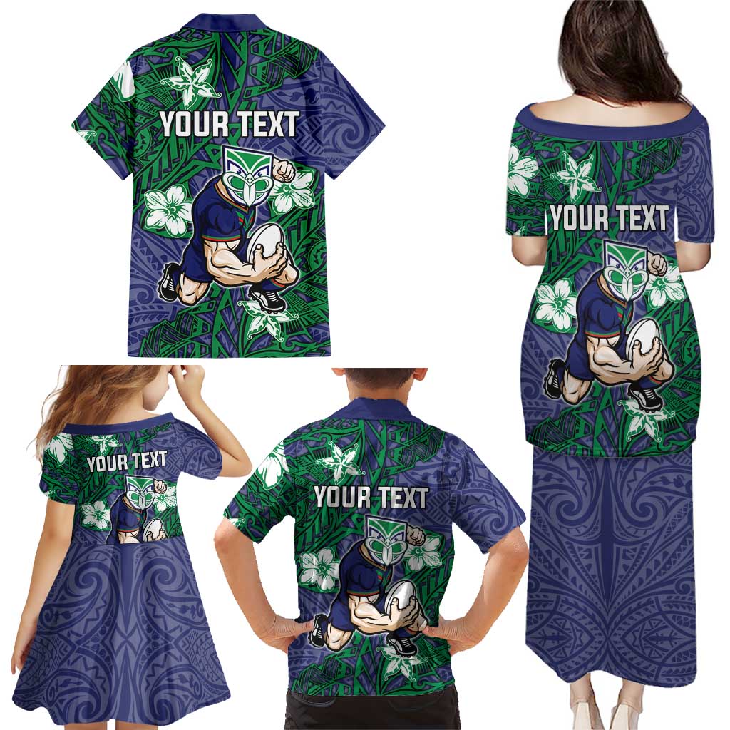 Personalised New Zealand Warriors Family Matching Puletasi and Hawaiian Shirt Polynesian Tribal Pattern With Rugby Warrior Mascot Art