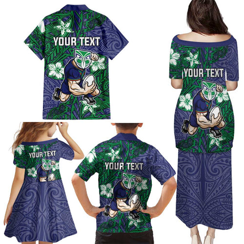 Personalised New Zealand Warriors Family Matching Puletasi and Hawaiian Shirt Polynesian Tribal Pattern With Rugby Warrior Mascot Art