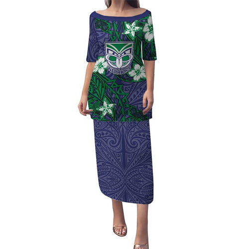 Personalised New Zealand Warriors Family Matching Puletasi and Hawaiian Shirt Polynesian Tribal Pattern With Rugby Warrior Mascot Art