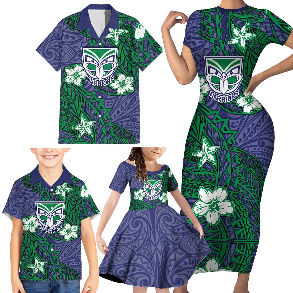 Personalised New Zealand Warriors Family Matching Short Sleeve Bodycon Dress and Hawaiian Shirt Polynesian Tribal Pattern With Rugby Warrior Mascot Art