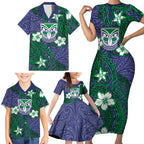 Personalised New Zealand Warriors Family Matching Short Sleeve Bodycon Dress and Hawaiian Shirt Polynesian Tribal Pattern With Rugby Warrior Mascot Art