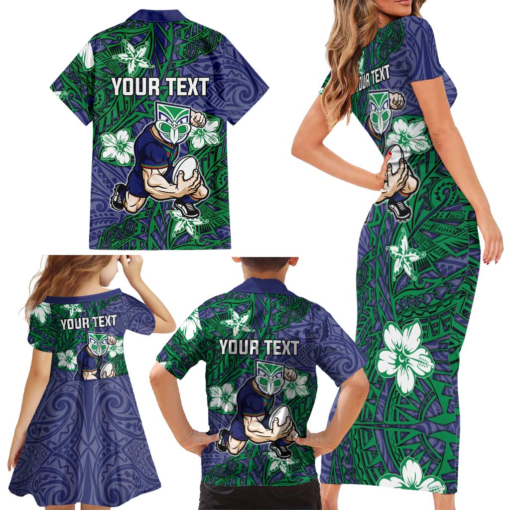 Personalised New Zealand Warriors Family Matching Short Sleeve Bodycon Dress and Hawaiian Shirt Polynesian Tribal Pattern With Rugby Warrior Mascot Art