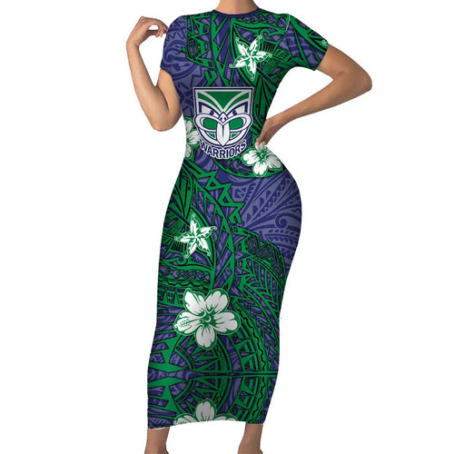 Personalised New Zealand Warriors Family Matching Short Sleeve Bodycon Dress and Hawaiian Shirt Polynesian Tribal Pattern With Rugby Warrior Mascot Art