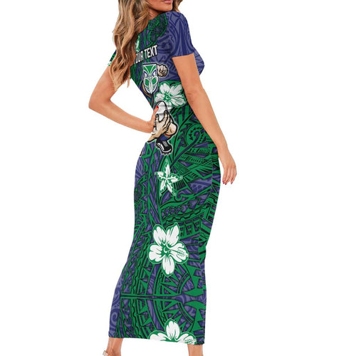 Personalised New Zealand Warriors Family Matching Short Sleeve Bodycon Dress and Hawaiian Shirt Polynesian Tribal Pattern With Rugby Warrior Mascot Art