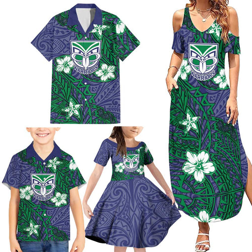 Personalised New Zealand Warriors Family Matching Summer Maxi Dress and Hawaiian Shirt Polynesian Tribal Pattern With Rugby Warrior Mascot Art