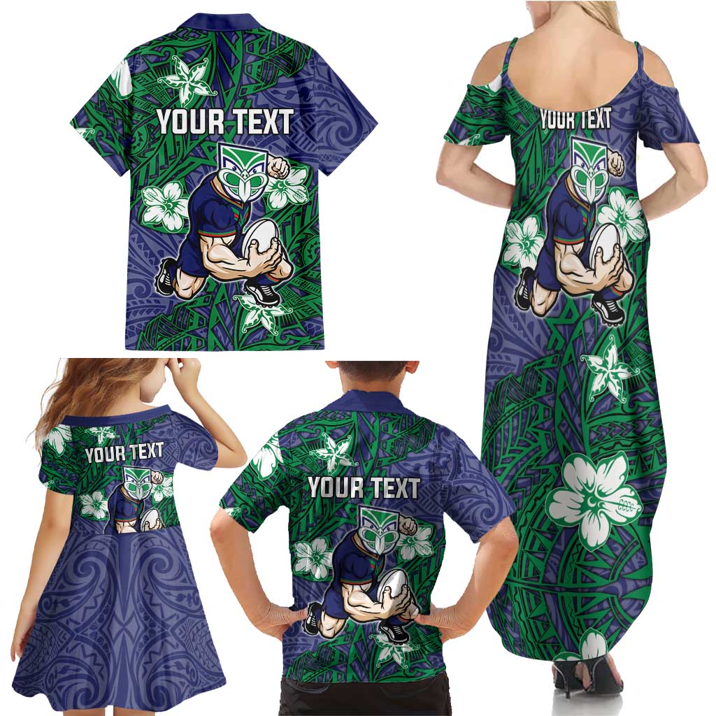 Personalised New Zealand Warriors Family Matching Summer Maxi Dress and Hawaiian Shirt Polynesian Tribal Pattern With Rugby Warrior Mascot Art