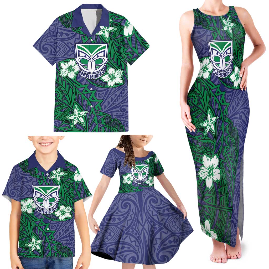 Personalised New Zealand Warriors Family Matching Tank Maxi Dress and Hawaiian Shirt Polynesian Tribal Pattern With Rugby Warrior Mascot Art