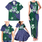 Personalised New Zealand Warriors Family Matching Tank Maxi Dress and Hawaiian Shirt Polynesian Tribal Pattern With Rugby Warrior Mascot Art