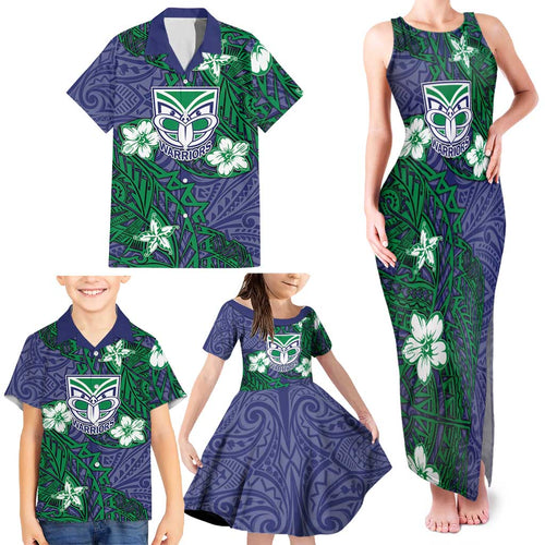 Personalised New Zealand Warriors Family Matching Tank Maxi Dress and Hawaiian Shirt Polynesian Tribal Pattern With Rugby Warrior Mascot Art