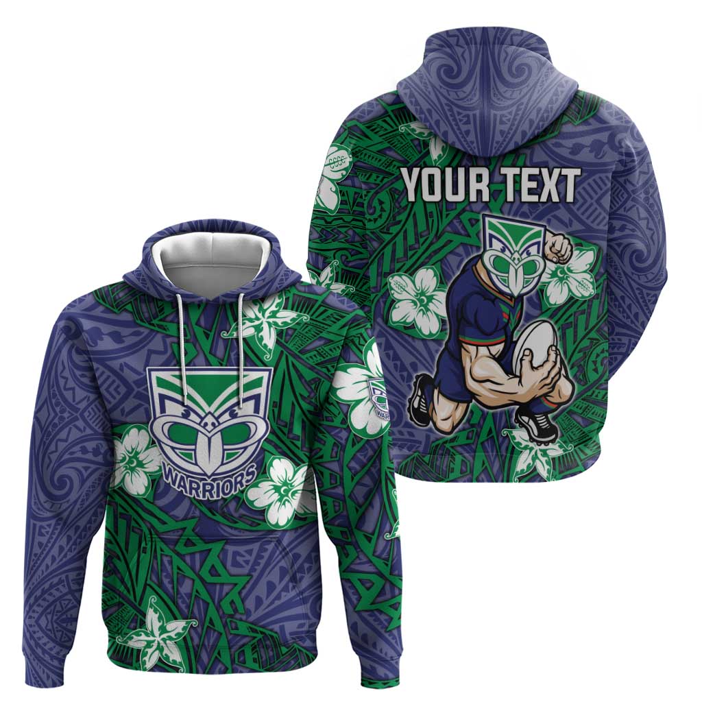 Personalised New Zealand Warriors Hoodie Polynesian Tribal Pattern With Rugby Warrior Mascot Art