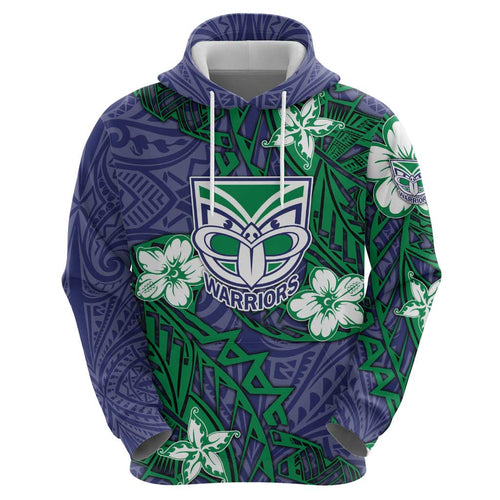Personalised New Zealand Warriors Hoodie Polynesian Tribal Pattern With Rugby Warrior Mascot Art