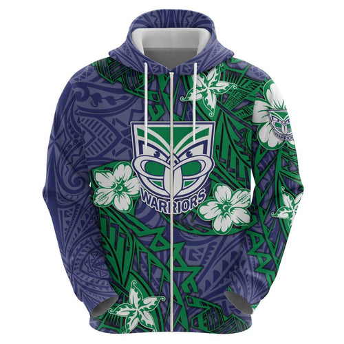 Personalised New Zealand Warriors Hoodie Polynesian Tribal Pattern With Rugby Warrior Mascot Art