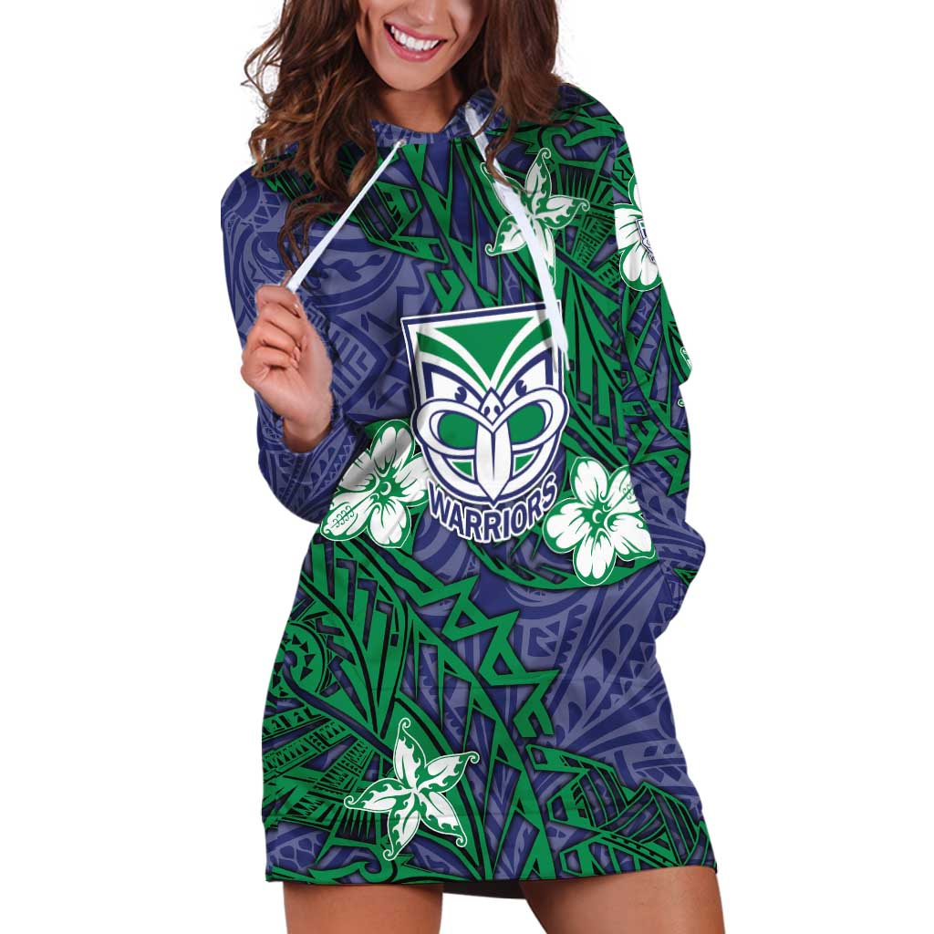 Personalised New Zealand Warriors Hoodie Dress Polynesian Tribal Pattern With Rugby Warrior Mascot Art