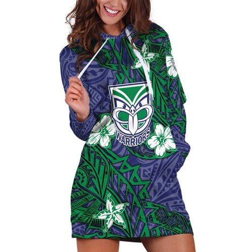 Personalised New Zealand Warriors Hoodie Dress Polynesian Tribal Pattern With Rugby Warrior Mascot Art