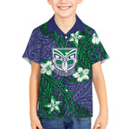 Personalised New Zealand Warriors Kid Hawaiian Shirt Polynesian Tribal Pattern With Rugby Warrior Mascot Art