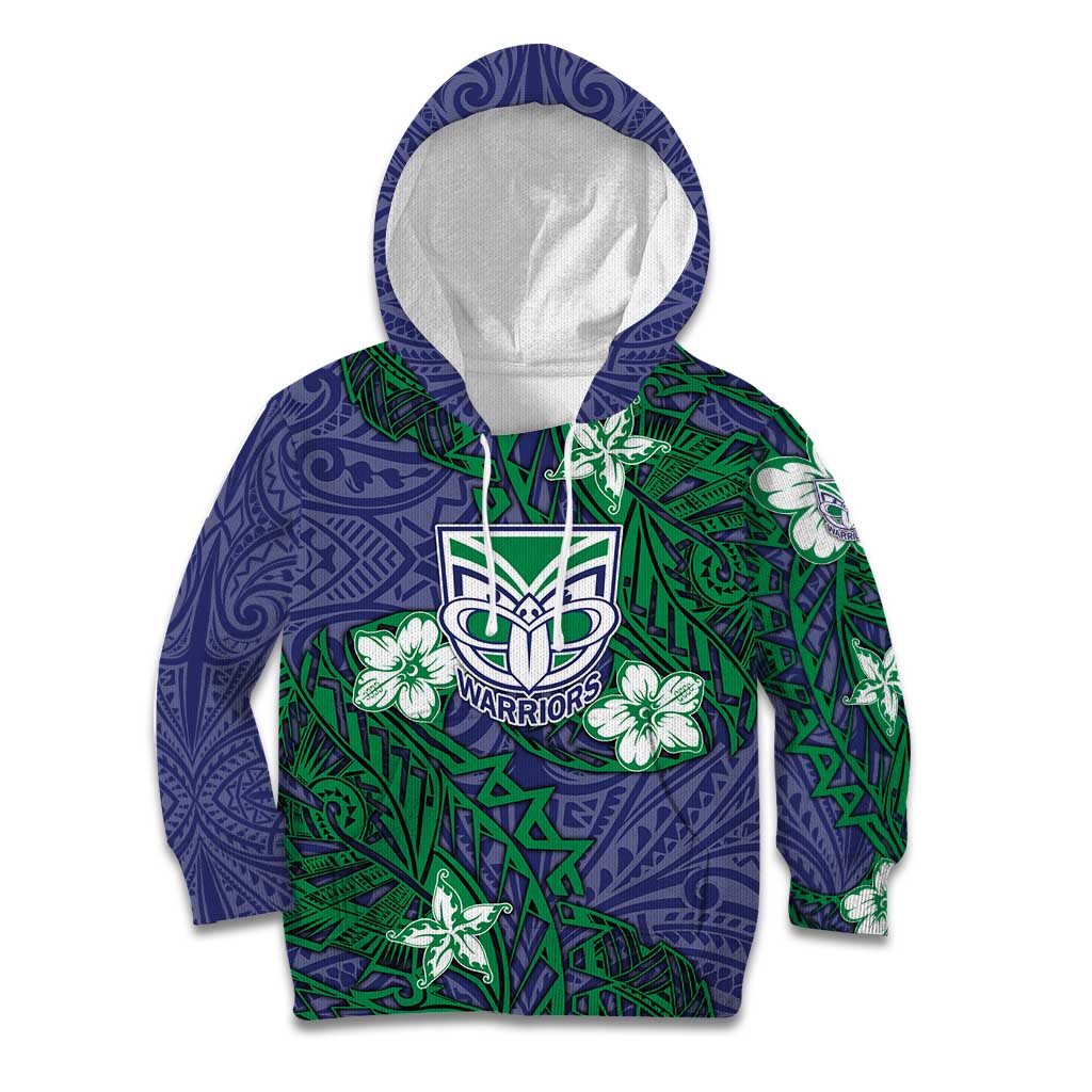 Personalised New Zealand Warriors Kid Hoodie Polynesian Tribal Pattern With Rugby Warrior Mascot Art