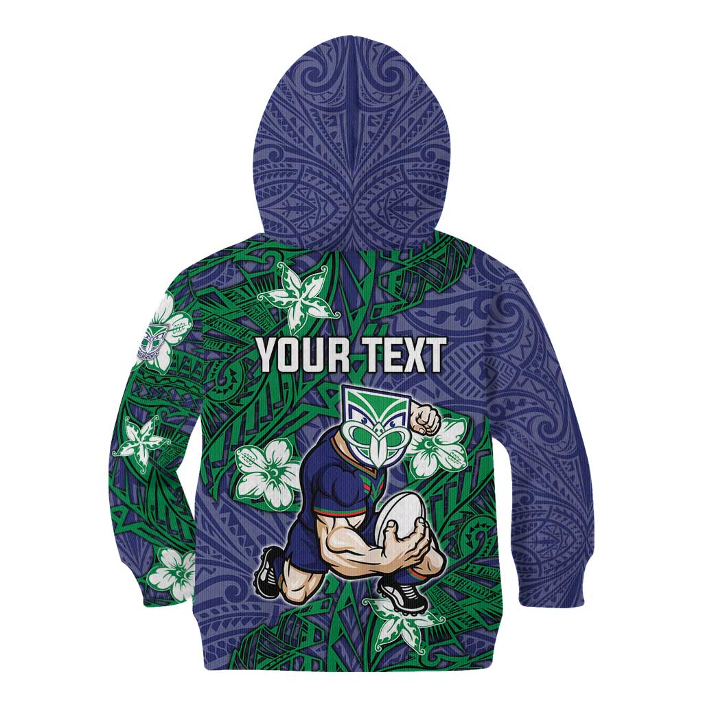 Personalised New Zealand Warriors Kid Hoodie Polynesian Tribal Pattern With Rugby Warrior Mascot Art