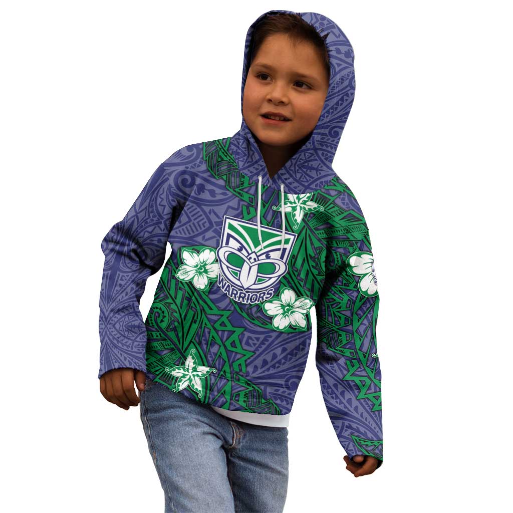 Personalised New Zealand Warriors Kid Hoodie Polynesian Tribal Pattern With Rugby Warrior Mascot Art