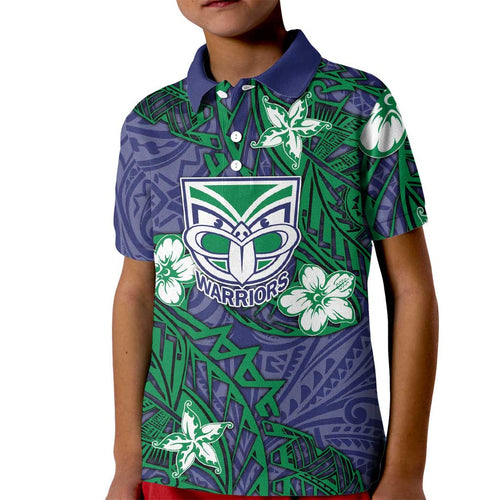 Personalised New Zealand Warriors Kid Polo Shirt Polynesian Tribal Pattern With Rugby Warrior Mascot Art