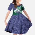 Personalised New Zealand Warriors Kid Short Sleeve Dress Polynesian Tribal Pattern With Rugby Warrior Mascot Art