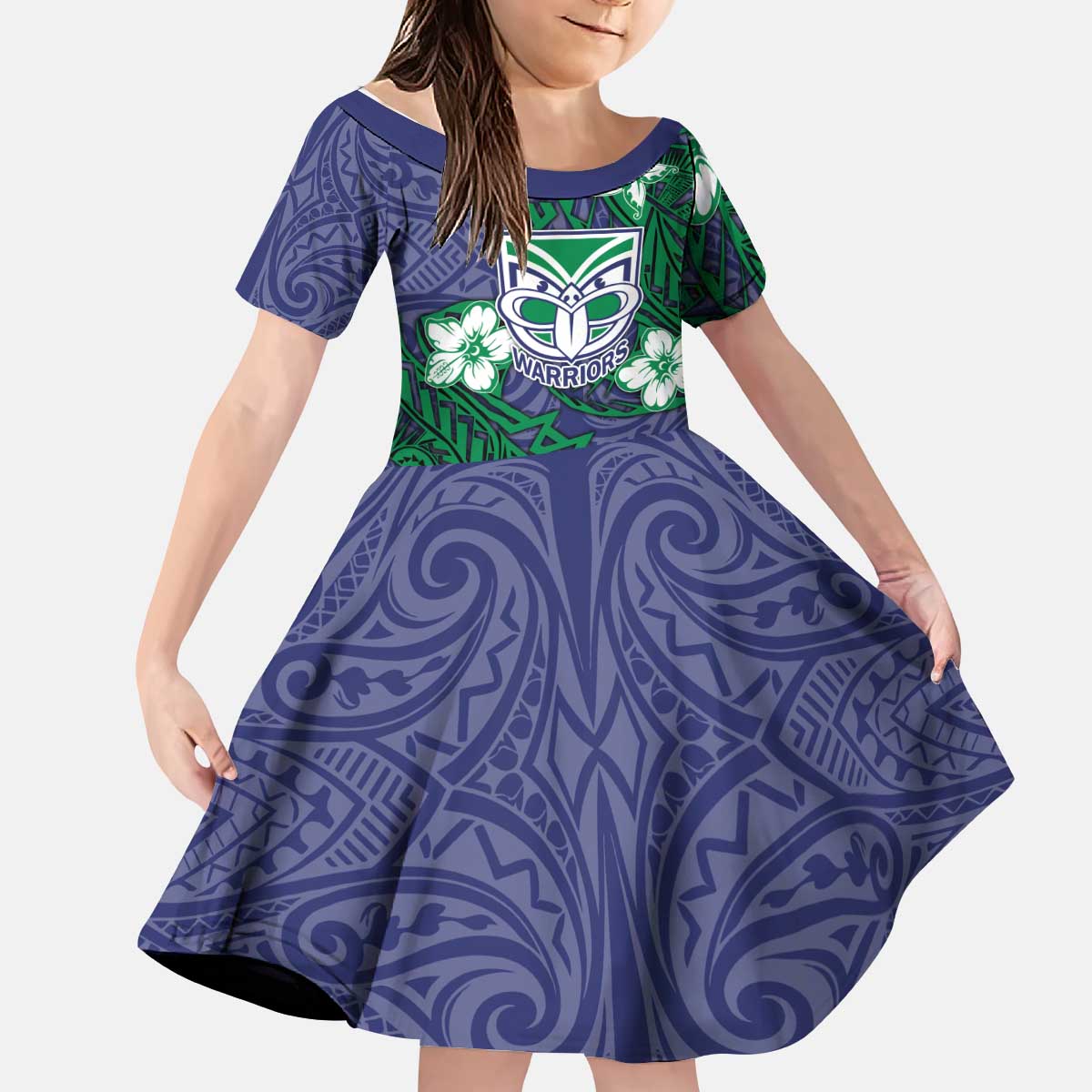 Personalised New Zealand Warriors Kid Short Sleeve Dress Polynesian Tribal Pattern With Rugby Warrior Mascot Art