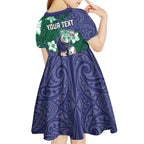 Personalised New Zealand Warriors Kid Short Sleeve Dress Polynesian Tribal Pattern With Rugby Warrior Mascot Art