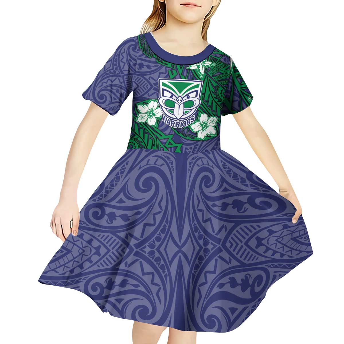 Personalised New Zealand Warriors Kid Short Sleeve Dress Polynesian Tribal Pattern With Rugby Warrior Mascot Art