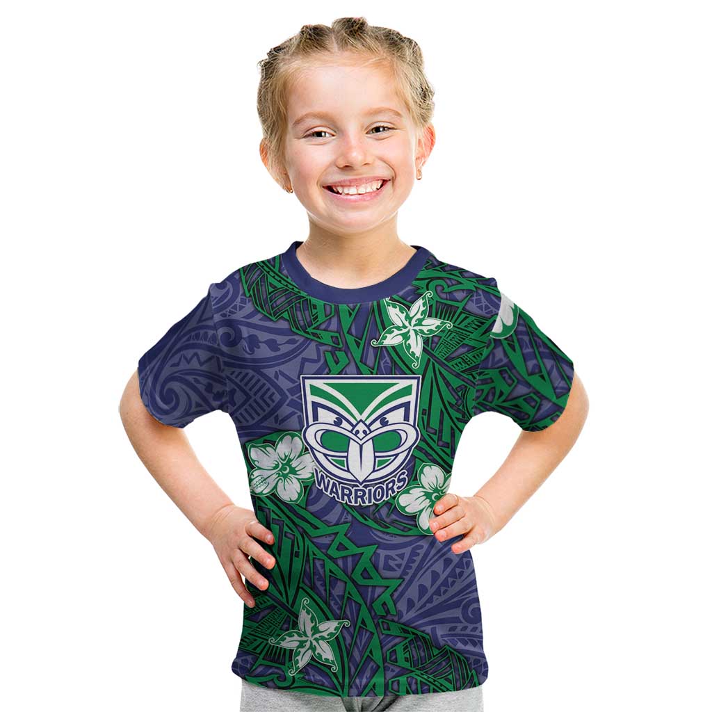 Personalised New Zealand Warriors Kid T Shirt Polynesian Tribal Pattern With Rugby Warrior Mascot Art