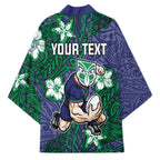 Personalised New Zealand Warriors Kimono Polynesian Tribal Pattern With Rugby Warrior Mascot Art