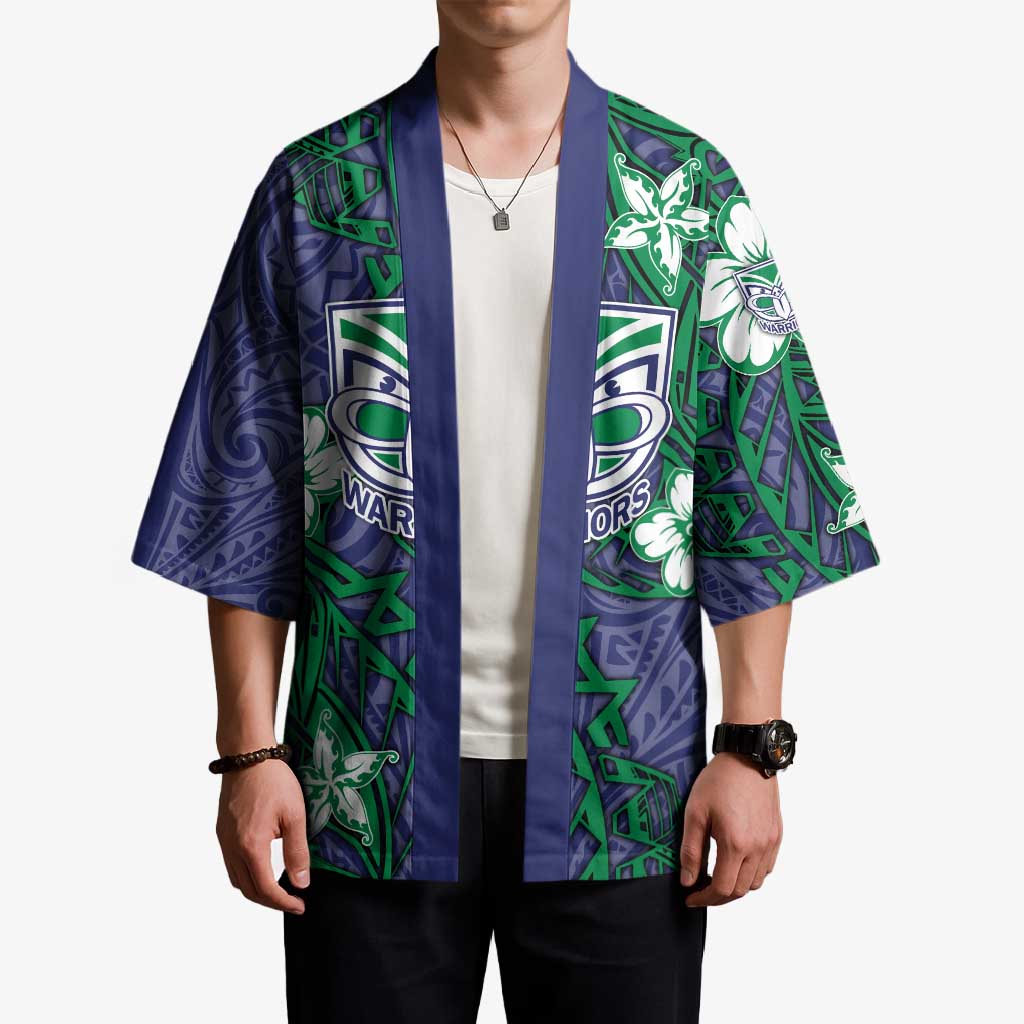 Personalised New Zealand Warriors Kimono Polynesian Tribal Pattern With Rugby Warrior Mascot Art
