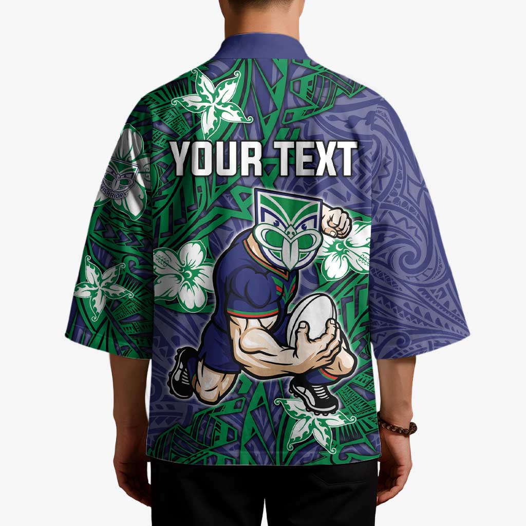 Personalised New Zealand Warriors Kimono Polynesian Tribal Pattern With Rugby Warrior Mascot Art