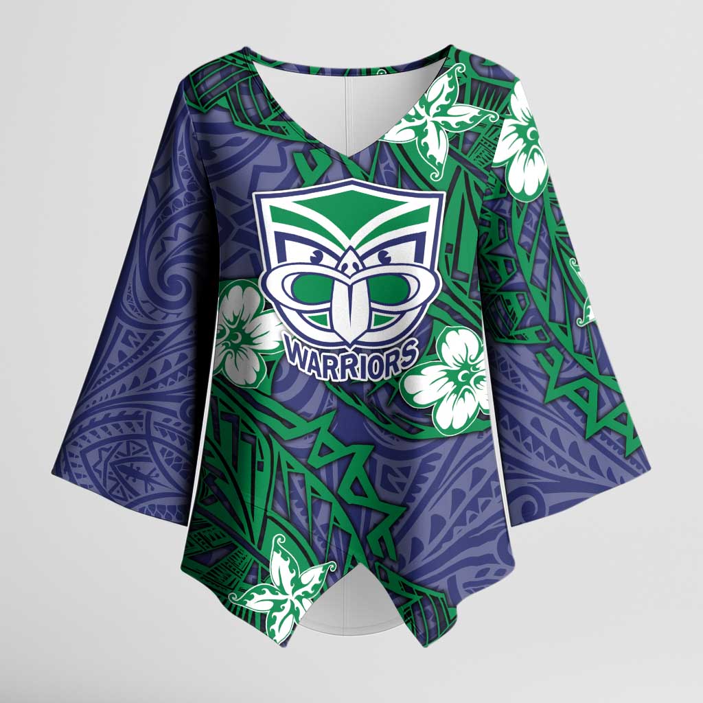 Personalised New Zealand Warriors Kimono Sleeve Blouse Polynesian Tribal Pattern With Rugby Warrior Mascot Art