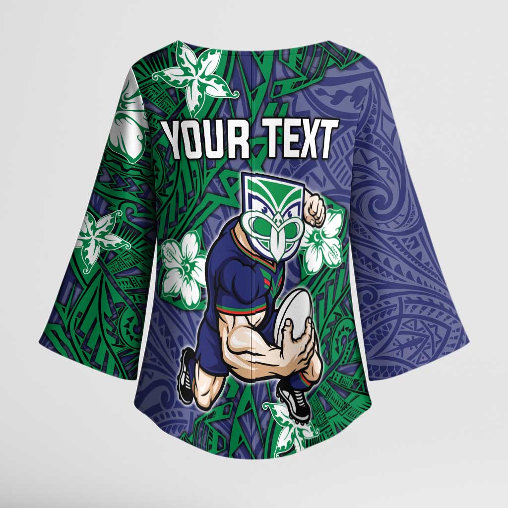Personalised New Zealand Warriors Kimono Sleeve Blouse Polynesian Tribal Pattern With Rugby Warrior Mascot Art