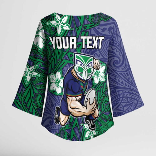 Personalised New Zealand Warriors Kimono Sleeve Blouse Polynesian Tribal Pattern With Rugby Warrior Mascot Art