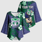 Personalised New Zealand Warriors Kimono Sleeve Blouse Polynesian Tribal Pattern With Rugby Warrior Mascot Art